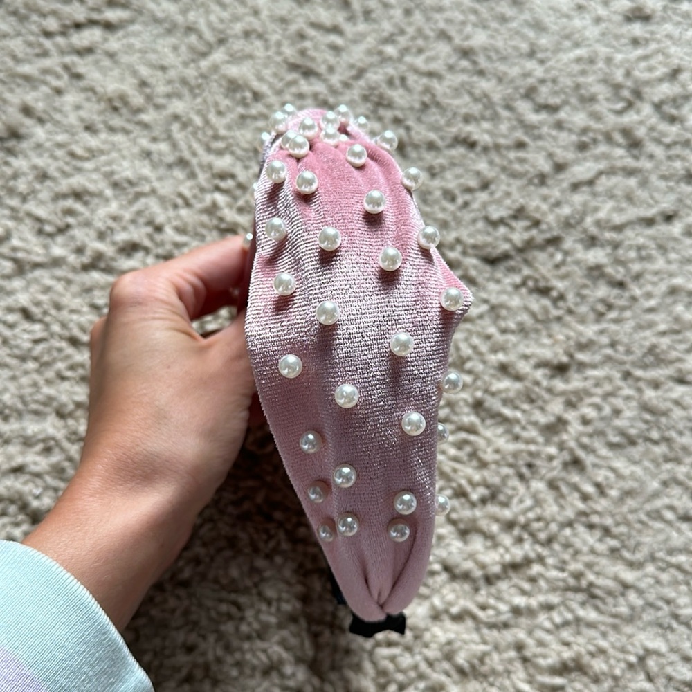 Women’s Pink Velvet Pearl Headband - Picture 4 of 4